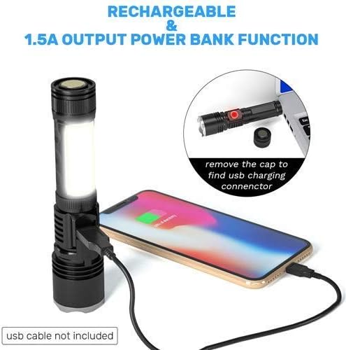 Rechargeable Flashlight, Magnetic Flashlight Built-In Power Bank, Super Bright COB Work Light T6 LED Torch, Zoomable, Water Resistant, 6 Modes for Camping Hiking Emergency