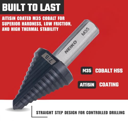 Image of NEIKO 10618B Step Drill Bit, 1 Step 7 /8 inch Straight M35 Cobalt, AlTiSiN Coated, 3 /8 inch Tri-Flat Step Bits for Steel, Metal, Wood, Plastic, Unibit Cone Drill Bits, Two Flute