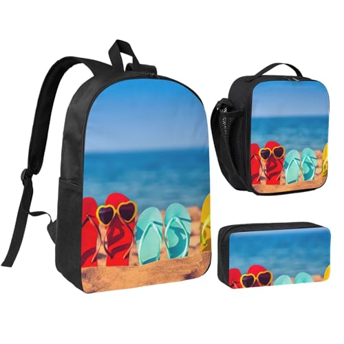 Sac à dos noir 43 cm motif plage sac repas et trousse scolaire