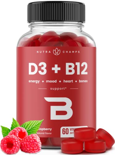 NutraChamps Vitamin D3 & B12 Methyl B12 Gummies for Adults & Kids Enhanced with Vitamin D 3 & B9 Vitamin Folate Natural Energy Mood Metabolism & Focus Raspberry 60 Gummies