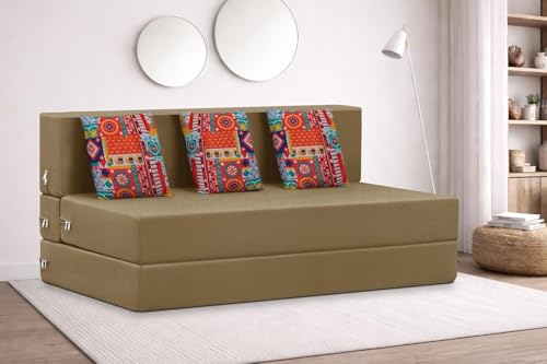 Image of Rosebell Three Seater Foldable Sofa Cum Bed (5x6 Feet) Jute Fabric, Washable Removable Cover Includes 3 Cushion | Space Saving Convertible Sofa Bed for Home, Office & Guests - Golden Color