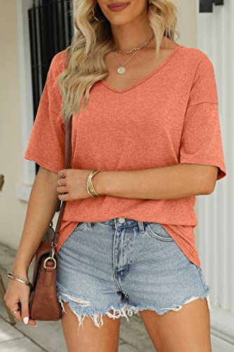 Mirol Women's Half Sleeve T Shirts Fashion V Neck Oversized Loose Tops Solid Casual Basic Blouses Orange #TOP7