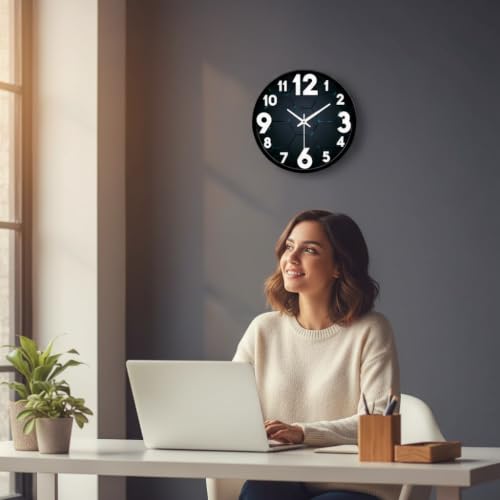 Image of Modern 3D Hexagon Wall Clock for Gaming Room & Office Decor | Round Analog Silent Non-Ticking Tech Watch with Black Frame | Futuristic Blue Geometric Pattern Timepiece for Bedroom & Man Cave