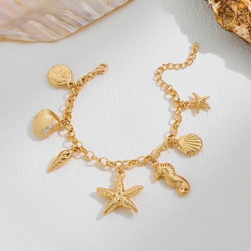 Gold Charm Bracelet for Women Boho Shell Starfish Bracelet Adjustable Summer Beach Ocean Statement Bracelets2