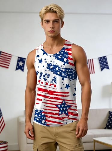 Image of Ithalt USA Tank Top Men 4th of July Patriotic Sleeveless American Flag Workout Shirt Summer Beach Independence Day