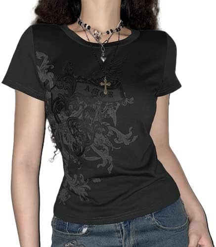 Vintage Y2K Grunge Aesthetic Gothic Punk T Shirt Short Sleeve Rock Graphic Print Crop Tee Slim Fairy Cotton Streetwear