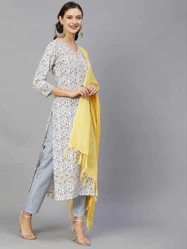 Tee Projekt Women's Cotton Blend V Neck Straight Kurta Pant With Dupatta Set Ll Floral Printed Kurta Set Ll Regular Kurta Set Lime