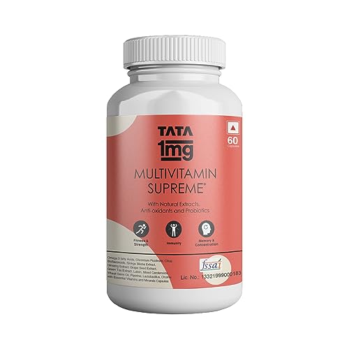 Tata 1mg Multivitamin Supreme with Zinc, Calcium, Vitamin D, Antioxidants & Probiotics for Fitness, Strength, Immunity, Memory & Concentration, Energy Booster for Men & Women (Pack Of 60)