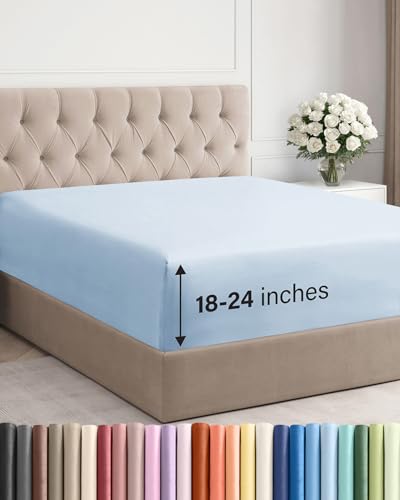 Image of Extra Deep Full Fitted Sheet - Single Fitted Sheet Only - Sky Blue | Easily Fits 18 inch to 24 inch Mattress, Soft, Wrinkle Free, Breathable & Comfy, Extra Deep Pockets Hotel Luxury Fitted Sheet