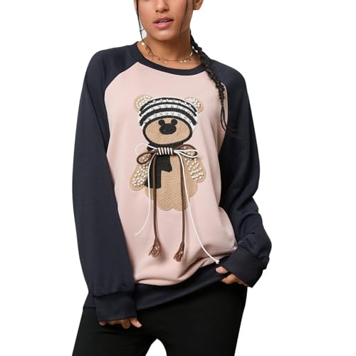 Cocoarm Camisolas de outono inverno urso bordado top de feminino manga longa gola redonda pulôver aj