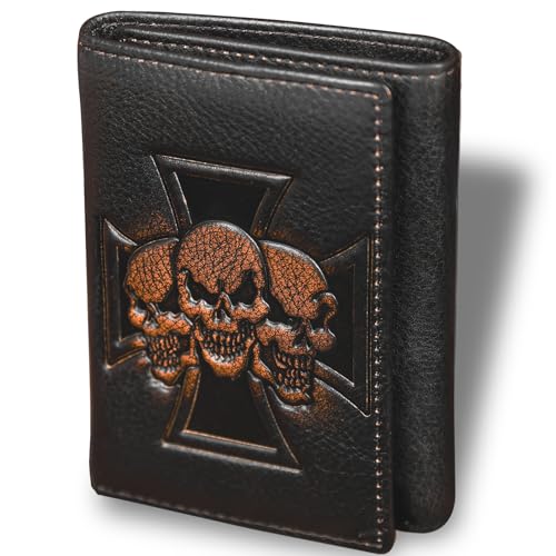 Image of DK86 Skull Trifold Wallets for Men Full Grain Leather with Hand Burnished Tri-Fold Wallet RFID Blocking (Black and Brown: Style B)