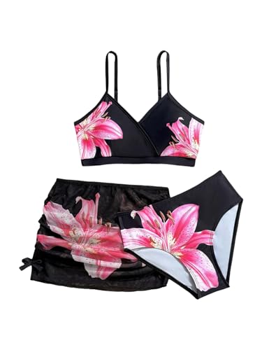 Image of BEAUDRM Girl's 3 Piece Floral Print Halter Triangle Bikini Set Cute Swimsuits with Cover Up Beach Skirt
