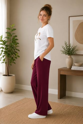 Image of ELVIA Women's Pure Cotton Top and Pyjama Co-Ord Set | Double Heart Graphic Printed Night Suit | Regular Fit Half Sleeve Round Neck T-Shirt with Pajama Sleepwear Loungewear Set