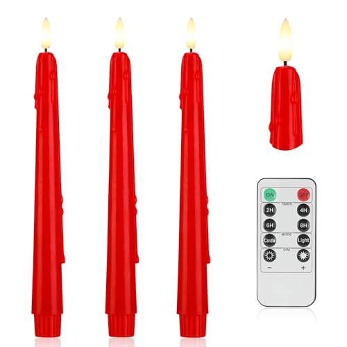 Image of Red bFlameless Taper Candles with Rmote, 9.6 inch Dripless Battery Operated Candles, 3 Pack Real Wax Led Candlesticks with 3D Flame, Fake Candlesticks for Home, Wedding, Party