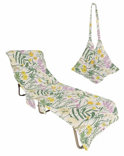 Floral Leaves Beach Lounge Chair Towel Cover, Soft Chaise Lounge Towel with Side Pockets Patio Pool Chairs Cover for Beach/Pool Sunbathing 29x85 Vintage Botanical Plants Herbs Fern Sage Green