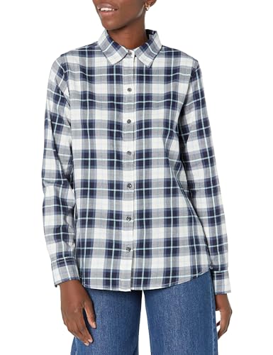 Amazon Essentials Damen Regular-Fit Leichtes Kariertes Langarm-Flanellhemd, Grau Marineblau Großes Karo, S