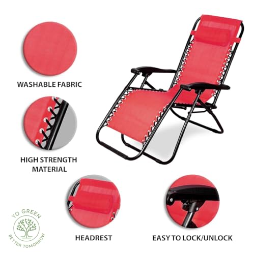 Image of Yo Green Stainless Steel Zero Gravity Chair, Lawn Chair Recliner Lounge, Portable Camping Folding Beach Chair with Removable Pillow (Carrot Red)