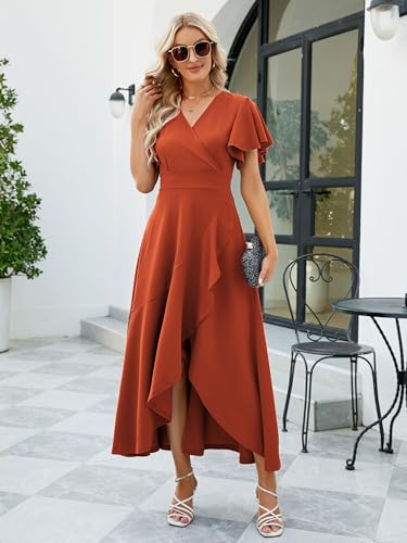 Image of Long Black Formal Dresses for Women Gowns Evening Party Cocktail Dress,Split Elegant V Neck Wrap Ruffle Wedding Guest Dresses