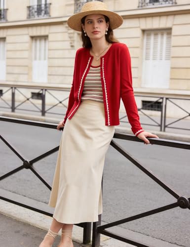 Image of Women's Cardigan Sweater Color Block Long Sleeve Crew Neck Knit Cardigan Trendy Cropped Cardigan Shrug