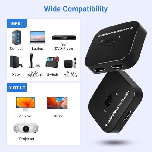 Switch HDMI 4K 60Hz Répartiteur Commutateur 2 Entrées 1 Sortie, Splitter HDMI 2.0 Bi-Direction, Compatible avec PS5 PS4 Xbox Lecteur Blu-Ray PC – vue 5
