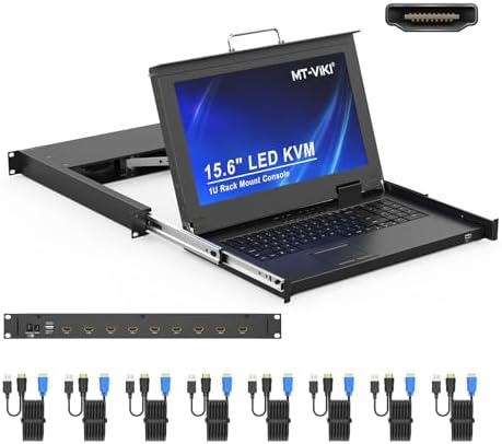 MT-VIKI Rack Mount KVM Console w/15.6" LCD Monitor, 8 Port HDMI KVM Switch, 1920x1080@60Hz 1U Integrated Monitor Keyboard, Fits 18.9" to 31.5" Deep Racks (480-800mm), Included 8 Cables