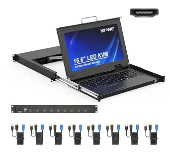 MT-VIKI Rack Mount KVM Console with 15.6" LCD Monitor, 8-Port HDMI Switch, 1920x1080@60Hz, 1U Rackmount, Includes 8 Cables