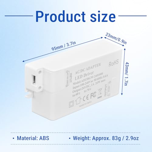 Image of 24V LED Driver 24W, Power Low Voltage Transformer 120V AC to 24V DC Converter for LED Strip Lights, Cabinet Strip Lights, LED Displays and Outdoor Lighting