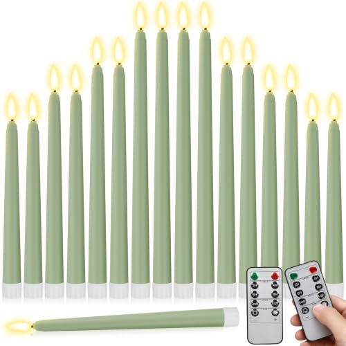 Image of Rossesay 16 Pcs Sage Green Flameless Taper Candles Battery Operated Candles with Remote Timer 8.5 inch 9.6 inch 10.8 inch 12.8 inch Multiple Sizes LED Flickering Candlestick for Wedding Party Centerpieces Decor