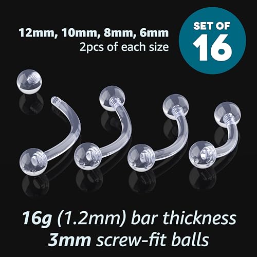 16g Clear Piercing Retainers For Surgery - Bioflex Plastic Clear Eyebrow Piercing Curved - Invisible Cartilage Earrings For Rook Helix Daith Tragus Conch Vertical Labret Snake Bite 8,10,12mm (16pcs Set)3
