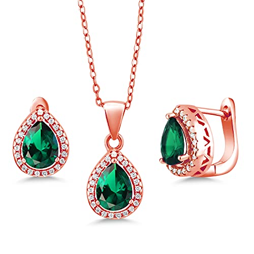 Gem Stone King Teardrop Pendant Earrings Set, Nano Emerald, Rose Gold