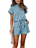 Paintcolors Women's Summer Short Sleeve Button Down Pockets Belted Elastic Waist Solid Color Jumpsuits Rompers - Blue-112 XXL