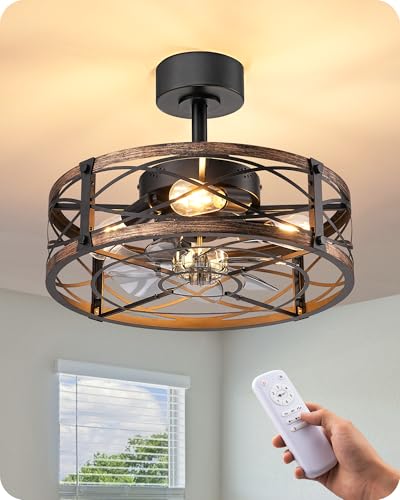 Image of EDISHINE 20 Inch Fandelier Caged Ceiling Fans with Lights and Remote, 10%-100% Dimmable, Rustic Bladeless Ceiling Fan, Small Farmhouse Fan Lights Ceiling Fixtures for Kitchen, Bedroom-Brushed Gold