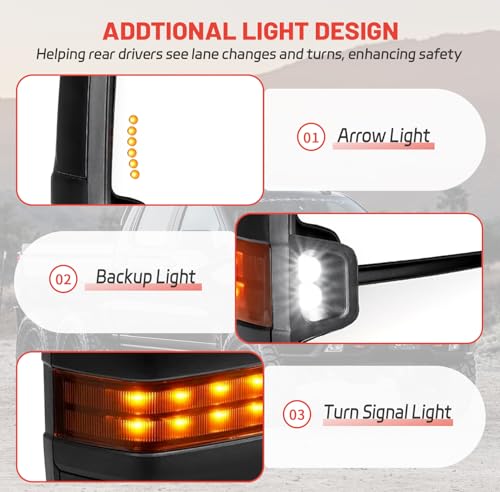 PZ Towing Mirrors Compatible for 2007-2014 Chevy Silverado(07 New Body) GMC Sierra Tahoe Yukon Avalanche Suburban 1500 2500 HD 3500 HD Power Heated Turn Signal Arrow Light Manual Folding Pair Black - Thumbnail 5
