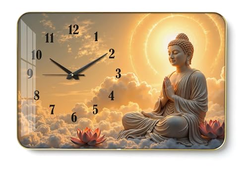Image of Decorative Wall Clock with Glass Finish for Home & Office Decor (24x16 Inch) | Religious Buddha Wall Clock for Living Room & Temple