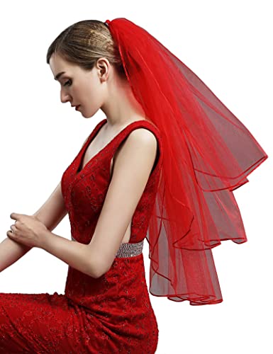 Cenast Women's Short Wedding Veils With Comb 3 Tier Halloween Tulle Bridal Veil Red #TOP3