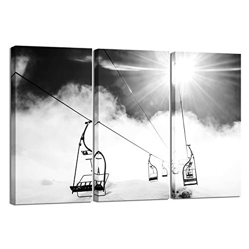Levvarts 3 Piece Canvas Wall Art Black And White Ski Lift At Sunshine Pictures Winter Snow Mountain Landscape Canvas Painting For Home Living Room Decor Framed Ready To Hang #TOP15