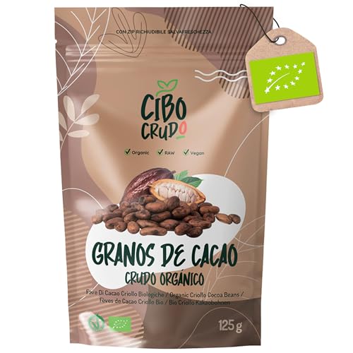 Granos de Cacao Crudo Orgánico - 125g. Cacao Puro de Peru. Grano o Nibs 100% Puro y Natural de la Planta Theobroma. Sabor Intenso Aromático y Amargo.