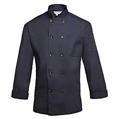 FRANKERS Men’s Double Breasted Long Sleeve Ten Pearl Button Chef Coat, Black Cover