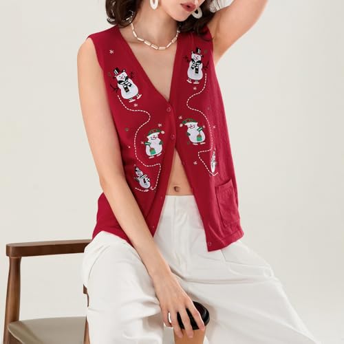 Image of Women Christmas Knit Vest Top Santa Embroidery Sleeveless Button Down Sweater Vest Xmas Snowman Cardigans Tank Top