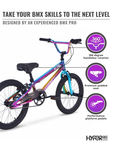 Hyper BMX Bike 18 Inch. BMX Bike for Kids Age 7-13 yrs Old, Single Speed, Front and Rear Caliper Brakes, Steel BMX Frame. 360 Handlebar Rotation. Bike Park Ready BMX Bicycle. Jet Fuel Finish