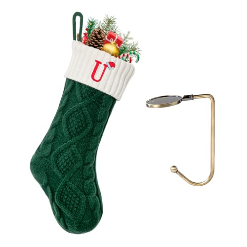 VRFASHION Christmas Stockings with Initials, Letter U Embroidered Xmas Stocking, 18" Large Monogram Knitted Xmas Stocking, Christmas Party Fireplace Family Hanging Stocking Decoration 1Pcs Green-White