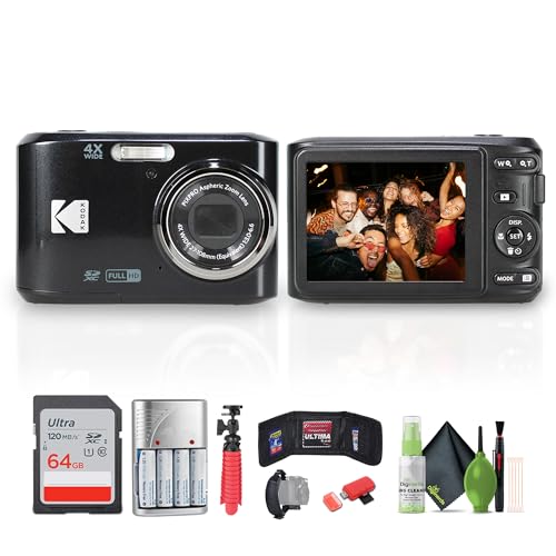 Kodak Pixpro FZ45 Digital Camera (Black) Bundle Including: 64 GB Memory Card, Rechargeable Batteries, Flexible Tripod, Card Reader, Hand Strap, Cleaning Kit, More