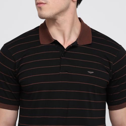 Image of Park Avenue Men Slim Fit Stripe Pattern Pure Cotton Polo Neck Half Sleeve Casual T-Shirt