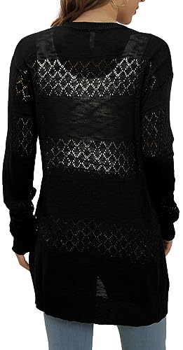 Grecerelle Casual Lightweight Black Long Sleeve Cardigan Loose Soft Drape Open Front Fall Sweater Sun Protection Cover Up #TOP3