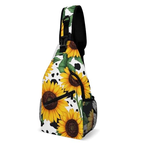 Men's Fashion Chest Bag, Travel Shoulder Pack, Small Cross Body Sling Bag 80s Vintage Sunflower Cow Print
