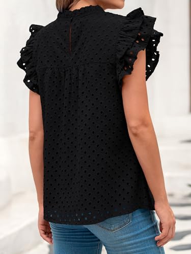 BTFBM Casual Summer Tops for Women 2025 Short Ruffle Sleeves Shirts Crew Neck Hollow Out Lace Embroidered Blouses