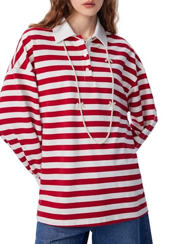 CIDER Women's Striped Polo Sweatshirt Long Sleeve Y2k Rugby Shirts Casual Oversized Pullover Vintage Fall Streetwear3