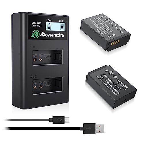 Powerextra 2 Pack LP-E12 Battery and Dual USB Charger Smart LCD Display Compatible with Canon EOS-M, EOS M2, EOS M10, EOS M50, EOS M50 Mark II, EOS M100, EOS M200, SX70 HS, Rebel SL1 Digital Cameras