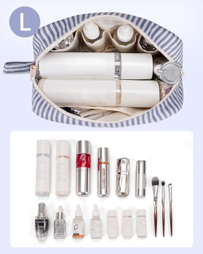 Image of Narwey Cute Makeup Bag Small Toiletry Bag Travel Cosmetic Bag Organizer Make Up Bags with Organized Pockets for Women (Greyish Blue Stripe, Large)