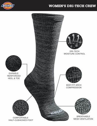 Dickies Women's Dri-tech Fashion Moisture Control Crew Socks, Available in S-XL (5, 6, 12 Pairs)2